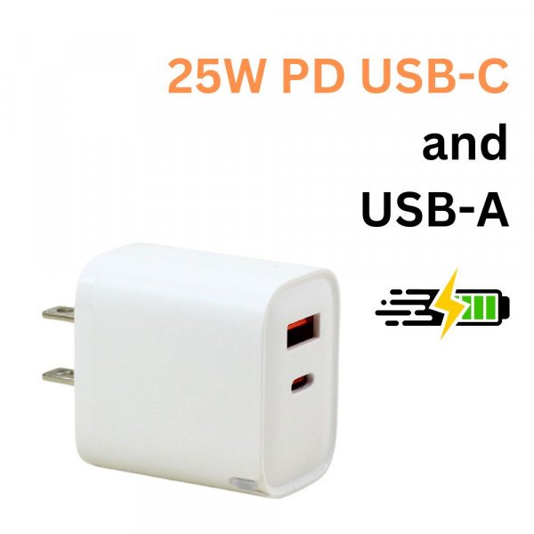 Wholesale 25W PD USB-C and USB-A 3.0A Quick Charge Dual 2 Port House Wall Charger for Phone, Tablet, Speaker, Electronic (Wall - White)